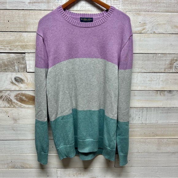 Brooks Brothers Sweater Mens XL Colorblock Supima Cotton Crew Purrle Gray Green‎ - Picture 1 of 9